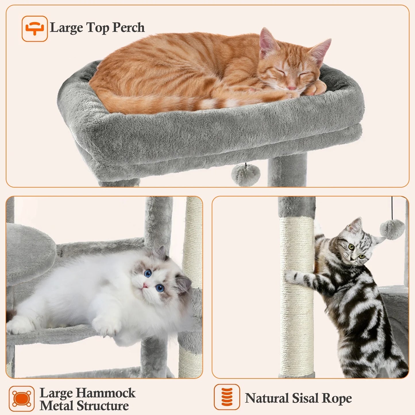 Cat Tree for Indoor Cats, Multi-Level Cat Tower with Sisal Covered Scratching Posts, Spacious Condo, Cozy Hammock and Plush Top Perch